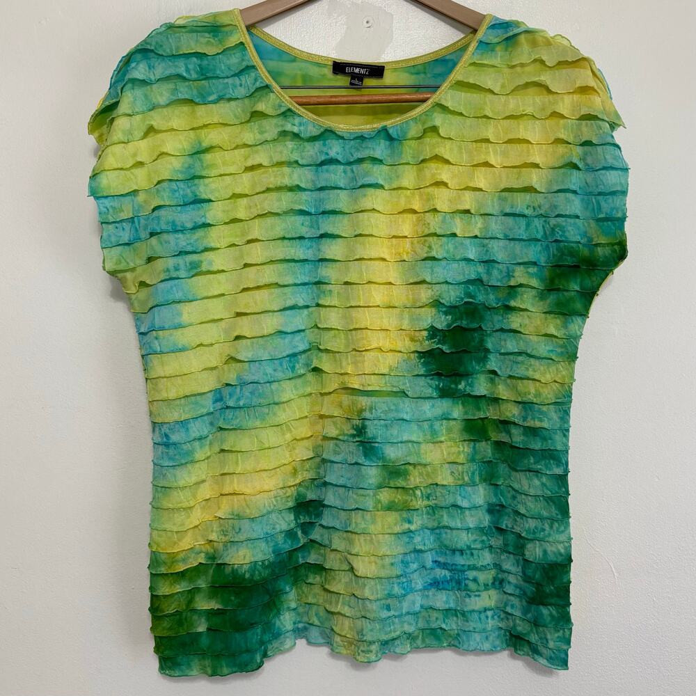 Elementz Tie Dye Ruffle Layer Stretch Top Blue Green Yellow L